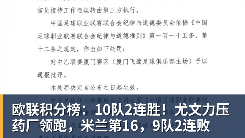 欧联积分榜：10队2连胜！尤文力压药厂领跑，米兰第16，9队2连败